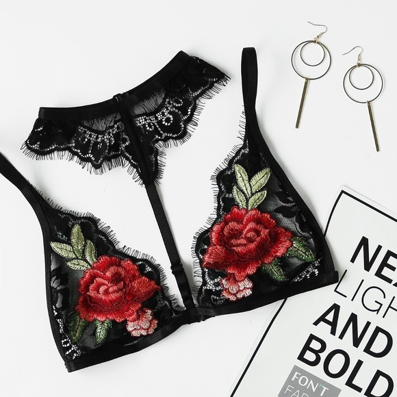 Other - Rose Embroidered Black Lace Choker Bralette